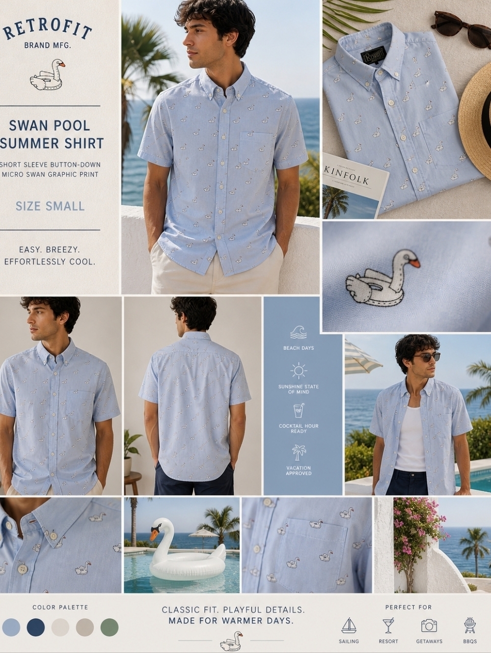 Mens Retrofit Swan Pool Float Micro Print Button-Down Shirt - S - 100% Cotton
